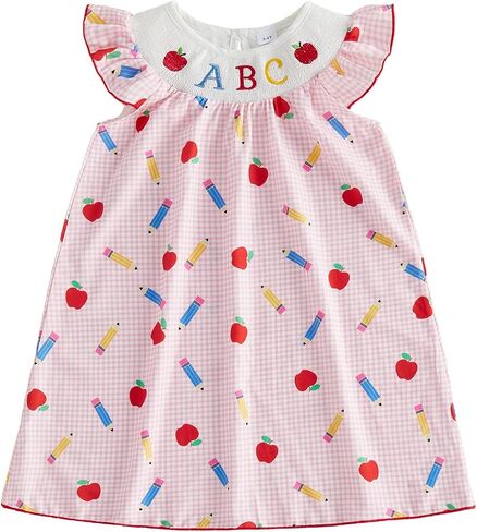 Toddler Girls Back to School Outfit ABC Apple Embroidery Pencil Flying Sleeve Smocked A Line Dress Kids Gingham Dress in Saudi Arabia