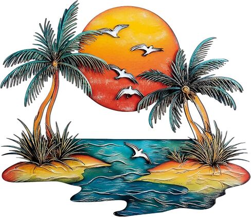 Pelopy Coastal Metal Sunset Palm Tree Wall Decor Outdoor Tropical Beach Wall Art 11.81 Inch Palm Tree Hanging Sculptures Decoration for Bedroom Bathroom Living Room in Kuwait