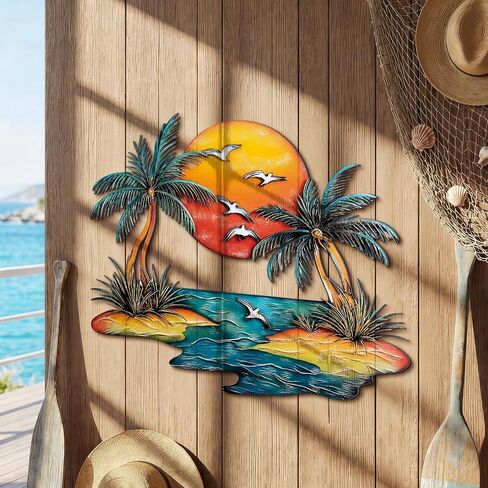 Pelopy Coastal Metal Sunset Palm Tree Wall Decor Outdoor Tropical Beach Wall Art 11.81 Inch Palm Tree Hanging Sculptures Decoration for Bedroom Bathroom Living Room in Kuwait