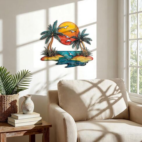 Pelopy Coastal Metal Sunset Palm Tree Wall Decor Outdoor Tropical Beach Wall Art 11.81 Inch Palm Tree Hanging Sculptures Decoration for Bedroom Bathroom Living Room in Kuwait