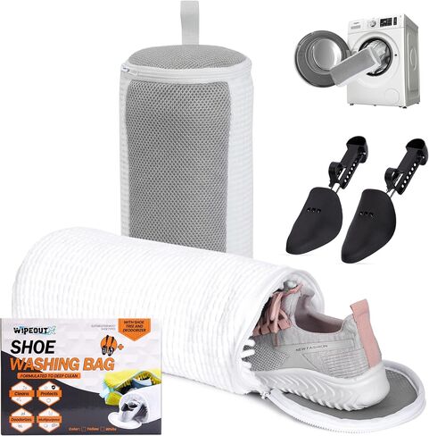 Shoe Washing Machine Bag, 2 Pcs Cylindrical Laundry Shoe Bag for Washer and Dryer with Adjustable Shoe Trees, 360 Deep Cleaning Sneaker Washing Bag with Zipper, Fits All Shoe Types and Sizes, White in Saudi Arabia
