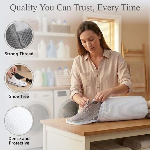 Shoe Washing Machine Bag, 2 Pcs Cylindrical Laundry Shoe Bag for Washer and Dryer with Adjustable Shoe Trees, 360 Deep Cleaning Sneaker Washing Bag with Zipper, Fits All Shoe Types and Sizes, White in Saudi Arabia