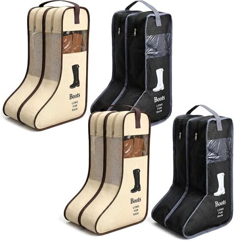 4 Pcs Premium Boot Storage Bag Set - Durable Cowboy Boot Bags for Travel, Home Organization, Dustproof & Breathable Tall Boots Protector with Handle (Black & Beige) in Saudi Arabia