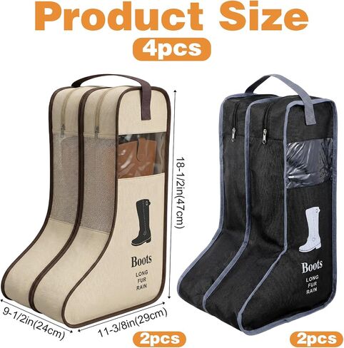 4 Pcs Premium Boot Storage Bag Set - Durable Cowboy Boot Bags for Travel, Home Organization, Dustproof & Breathable Tall Boots Protector with Handle (Black & Beige) in Saudi Arabia