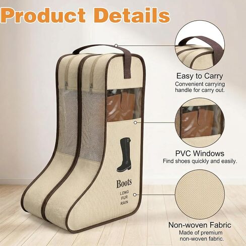 4 Pcs Premium Boot Storage Bag Set - Durable Cowboy Boot Bags for Travel, Home Organization, Dustproof & Breathable Tall Boots Protector with Handle (Black & Beige) in Saudi Arabia