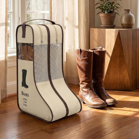 4 Pcs Premium Boot Storage Bag Set - Durable Cowboy Boot Bags for Travel, Home Organization, Dustproof & Breathable Tall Boots Protector with Handle (Black & Beige) in Saudi Arabia