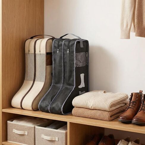 4 Pcs Premium Boot Storage Bag Set - Durable Cowboy Boot Bags for Travel, Home Organization, Dustproof & Breathable Tall Boots Protector with Handle (Black & Beige) in Saudi Arabia