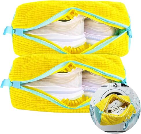 2 Pack Shoe Washing Machine Bags, 360° Deep Cleaning Heavy Duty Laundry Shoe Bag for Washer & Dryer, Reusable Protective Invisible Zipper, Fits All Sneakers Tennis Shoes (15x7.5 Inch, Yellow) in Kuwait