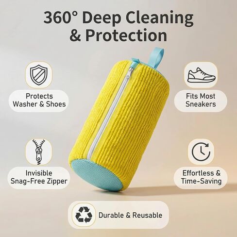 2 Pack Shoe Washing Machine Bags, 360° Deep Cleaning Heavy Duty Laundry Shoe Bag for Washer & Dryer, Reusable Protective Invisible Zipper, Fits All Sneakers Tennis Shoes (15x7.5 Inch, Yellow) in Kuwait