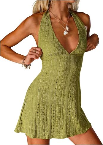 SOLY HUX Women's Deep V Neck Halter Mini Dress Sleeveless Open Back A Line Beach Summer Dresses in Saudi Arabia