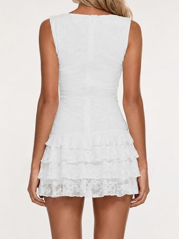 Ammiko Women's Mini Dress Floral Lace Tank Dresses Summer Sleeveless Ruffle Hem Layered Dress Y2K Party Festival in Saudi Arabia