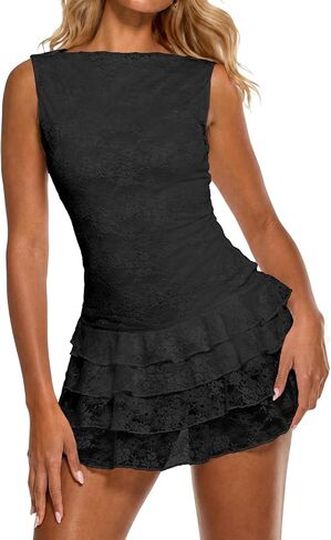 Ammiko Women's Mini Dress Floral Lace Tank Dresses Summer Sleeveless Ruffle Hem Layered Dress Y2K Party Festival in Saudi Arabia