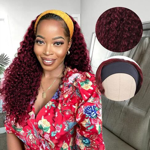 Headband Wig Human Hair For Black Women 16 Inch Curly Wavy Headband Wigs 200% Density Human Hair No Lace Deep Curly Headband Wigs Natural Black Color in Kuwait