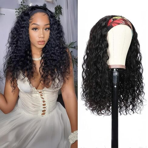 Headband Wig Human Hair For Black Women 16 Inch Curly Wavy Headband Wigs 200% Density Human Hair No Lace Deep Curly Headband Wigs Natural Black Color in Kuwait