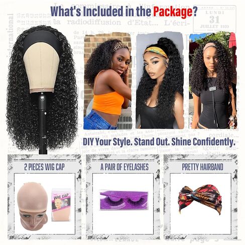 Headband Wig Human Hair For Black Women 16 Inch Curly Wavy Headband Wigs 200% Density Human Hair No Lace Deep Curly Headband Wigs Natural Black Color in Kuwait