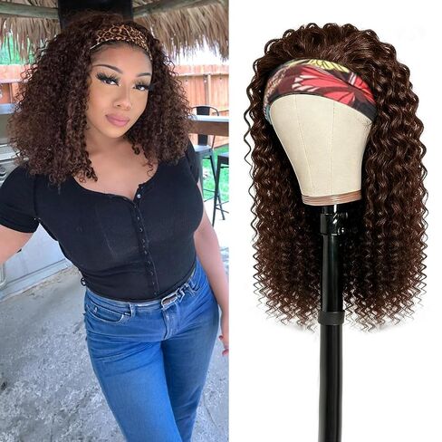 Headband Wig Human Hair For Black Women 16 Inch Curly Wavy Headband Wigs 200% Density Human Hair No Lace Deep Curly Headband Wigs Natural Black Color in Kuwait
