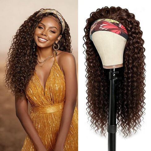 Headband Wig Human Hair For Black Women 16 Inch Curly Wavy Headband Wigs 200% Density Human Hair No Lace Deep Curly Headband Wigs Natural Black Color in Kuwait