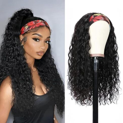 Headband Wig Human Hair For Black Women 16 Inch Curly Wavy Headband Wigs 200% Density Human Hair No Lace Deep Curly Headband Wigs Natural Black Color in Kuwait