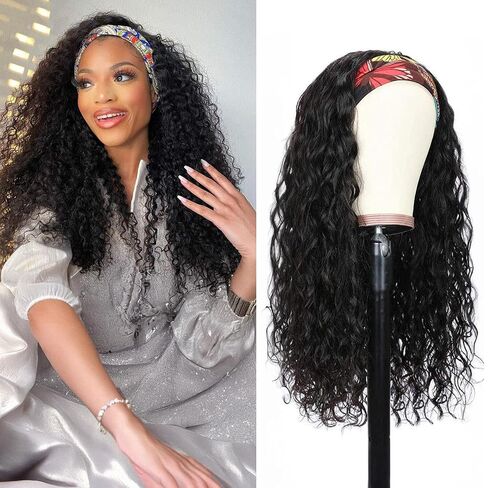Headband Wig Human Hair For Black Women 16 Inch Curly Wavy Headband Wigs 200% Density Human Hair No Lace Deep Curly Headband Wigs Natural Black Color in Kuwait