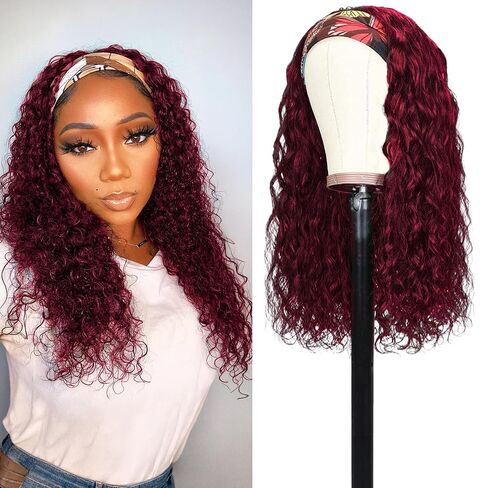 Headband Wig Human Hair For Black Women 16 Inch Curly Wavy Headband Wigs 200% Density Human Hair No Lace Deep Curly Headband Wigs Natural Black Color in Kuwait