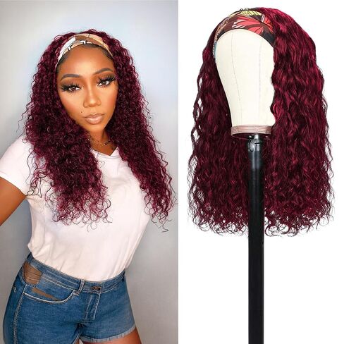 Headband Wig Human Hair For Black Women 16 Inch Curly Wavy Headband Wigs 200% Density Human Hair No Lace Deep Curly Headband Wigs Natural Black Color in Kuwait