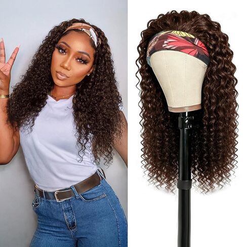 Headband Wig Human Hair For Black Women 16 Inch Curly Wavy Headband Wigs 200% Density Human Hair No Lace Deep Curly Headband Wigs Natural Black Color in Kuwait
