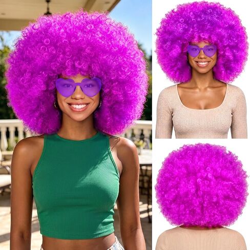 MEEZY Royal Blue Curly Afro Wig Heart Sunglasses for Women Men, Large Fluffy Funny Disco Afro Wigs Neon Colored Short Synthetic Hair with Hair Net 70s Outfits for Women Bachelorette Party Club in Saudi Arabia