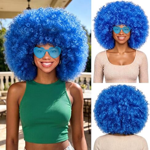 MEEZY Royal Blue Curly Afro Wig Heart Sunglasses for Women Men, Large Fluffy Funny Disco Afro Wigs Neon Colored Short Synthetic Hair with Hair Net 70s Outfits for Women Bachelorette Party Club in Saudi Arabia