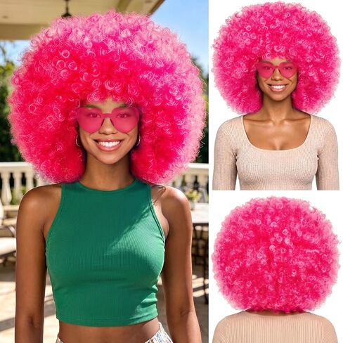 MEEZY Royal Blue Curly Afro Wig Heart Sunglasses for Women Men, Large Fluffy Funny Disco Afro Wigs Neon Colored Short Synthetic Hair with Hair Net 70s Outfits for Women Bachelorette Party Club in Saudi Arabia