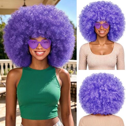 MEEZY Royal Blue Curly Afro Wig Heart Sunglasses for Women Men, Large Fluffy Funny Disco Afro Wigs Neon Colored Short Synthetic Hair with Hair Net 70s Outfits for Women Bachelorette Party Club in Saudi Arabia