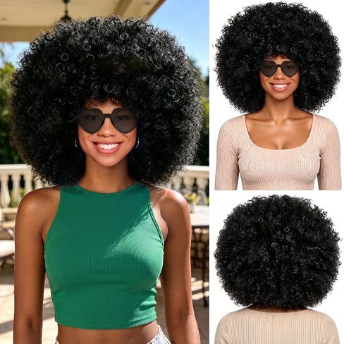 MEEZY Royal Blue Curly Afro Wig Heart Sunglasses for Women Men, Large Fluffy Funny Disco Afro Wigs Neon Colored Short Synthetic Hair with Hair Net 70s Outfits for Women Bachelorette Party Club in Saudi Arabia