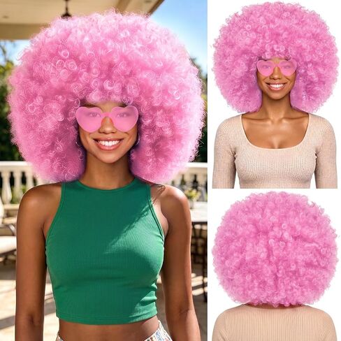 MEEZY Royal Blue Curly Afro Wig Heart Sunglasses for Women Men, Large Fluffy Funny Disco Afro Wigs Neon Colored Short Synthetic Hair with Hair Net 70s Outfits for Women Bachelorette Party Club in Saudi Arabia