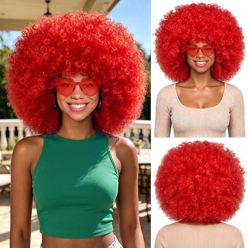 MEEZY Royal Blue Curly Afro Wig Heart Sunglasses for Women Men, Large Fluffy Funny Disco Afro Wigs Neon Colored Short Synthetic Hair with Hair Net 70s Outfits for Women Bachelorette Party Club in Saudi Arabia