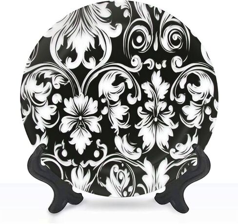 Decorative Ceramic Plates for Display with Stand, 8" Floral baroque damask Seamless Black white ornament Dinner Plate for Wall Hanging Tabletop Decor Home Housewarming Gifts in Saudi Arabia