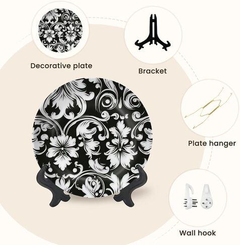 Decorative Ceramic Plates for Display with Stand, 8" Floral baroque damask Seamless Black white ornament Dinner Plate for Wall Hanging Tabletop Decor Home Housewarming Gifts in Saudi Arabia