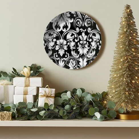 Decorative Ceramic Plates for Display with Stand, 8" Floral baroque damask Seamless Black white ornament Dinner Plate for Wall Hanging Tabletop Decor Home Housewarming Gifts in Saudi Arabia
