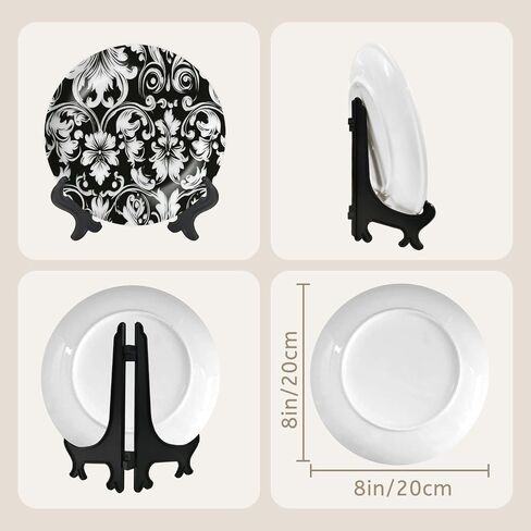 Decorative Ceramic Plates for Display with Stand, 8" Floral baroque damask Seamless Black white ornament Dinner Plate for Wall Hanging Tabletop Decor Home Housewarming Gifts in Saudi Arabia
