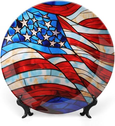 Decorative Plates for Wall Hanging, Stained Glass Design USA Flag Ceramic Plate, Wobble-Plate with Display Stand, Home Decor for Kitchen Cabinets, Farmhouse Round Tray 10 Inch, Gift for Patriotic in Saudi Arabia