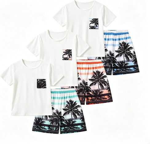 Boys' 6 Piece Summer Holiday Outfits Short Sleeve Graphic T-Shirts Tops and Shorts Sets Beach Casual Clothes 3-14Y in Kuwait