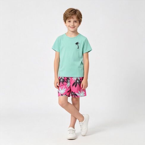 Boys' 6 Piece Summer Holiday Outfits Short Sleeve Graphic T-Shirts Tops and Shorts Sets Beach Casual Clothes 3-14Y in Kuwait