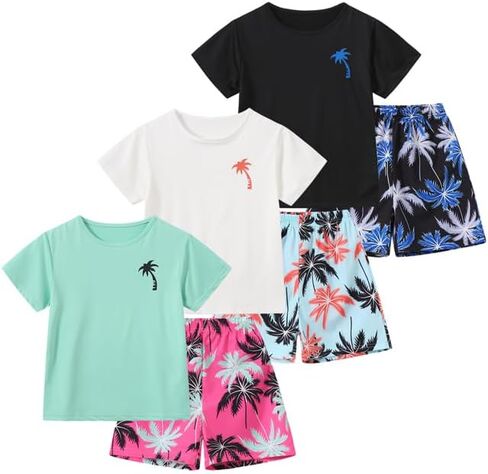 Boys' 6 Piece Summer Holiday Outfits Short Sleeve Graphic T-Shirts Tops and Shorts Sets Beach Casual Clothes 3-14Y in Kuwait
