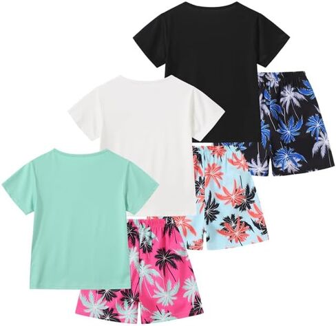Boys' 6 Piece Summer Holiday Outfits Short Sleeve Graphic T-Shirts Tops and Shorts Sets Beach Casual Clothes 3-14Y in Kuwait