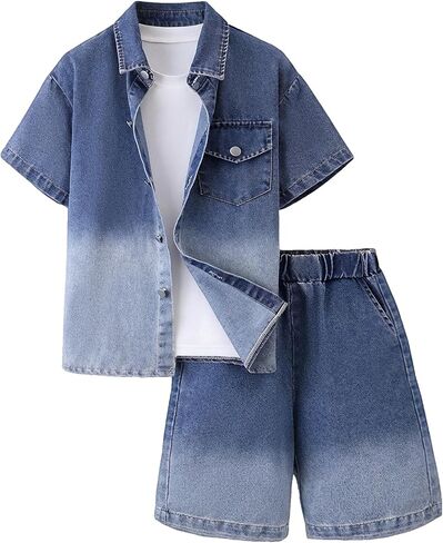 MakeMeChic Boy's 2 Piece Denim Outfits Collared Short Sleeve Button Down Shirt and Wide Leg Jorts Sets in Kuwait