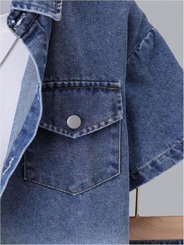 MakeMeChic Boy's 2 Piece Denim Outfits Collared Short Sleeve Button Down Shirt and Wide Leg Jorts Sets in Kuwait