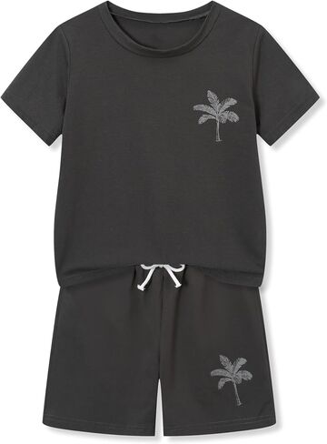 Cakaner Boys Outfit 2 Piece Short Sleeve Graphic T Shirt and Shorts Set Summer Tween Clothes Size 7-14 in Saudi Arabia