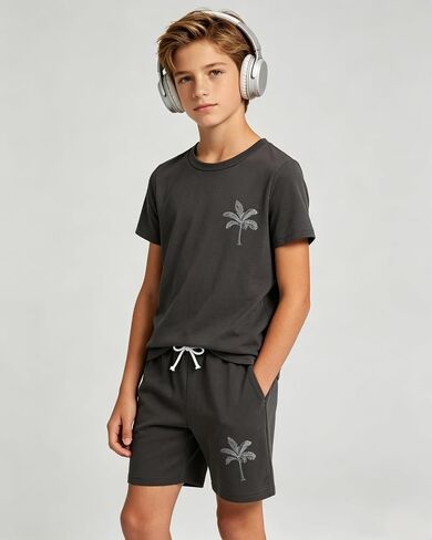 Cakaner Boys Outfit 2 Piece Short Sleeve Graphic T Shirt and Shorts Set Summer Tween Clothes Size 7-14 in Kuwait