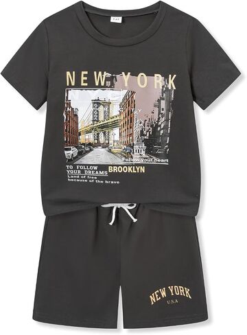 Cakaner Boys Outfit 2 Piece Short Sleeve Graphic T Shirt and Shorts Set Summer Tween Clothes Size 7-14 in Kuwait