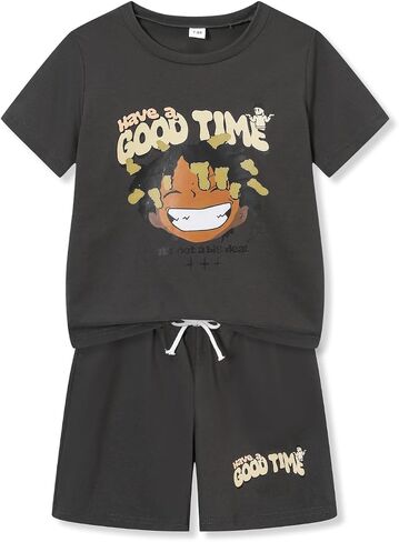 Cakaner Boys Outfit 2 Piece Short Sleeve Graphic T Shirt and Shorts Set Summer Tween Clothes Size 7-14 in Kuwait