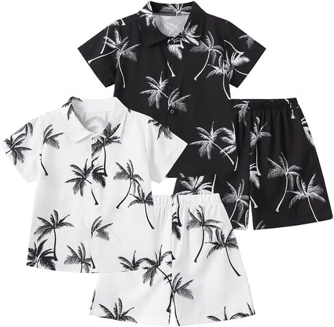 Boys Short Set Hawaiian Outfit 4 piece Floral Print Clothes Short Sleeve Shirt and Shorts for Summer Beach 3-12 Years in Kuwait