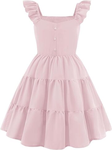 Arshiner Girls Dress Ruffle Sleeve Button Down Smocked Sundress Party Dresses with Pockets 6-14Y in Kuwait